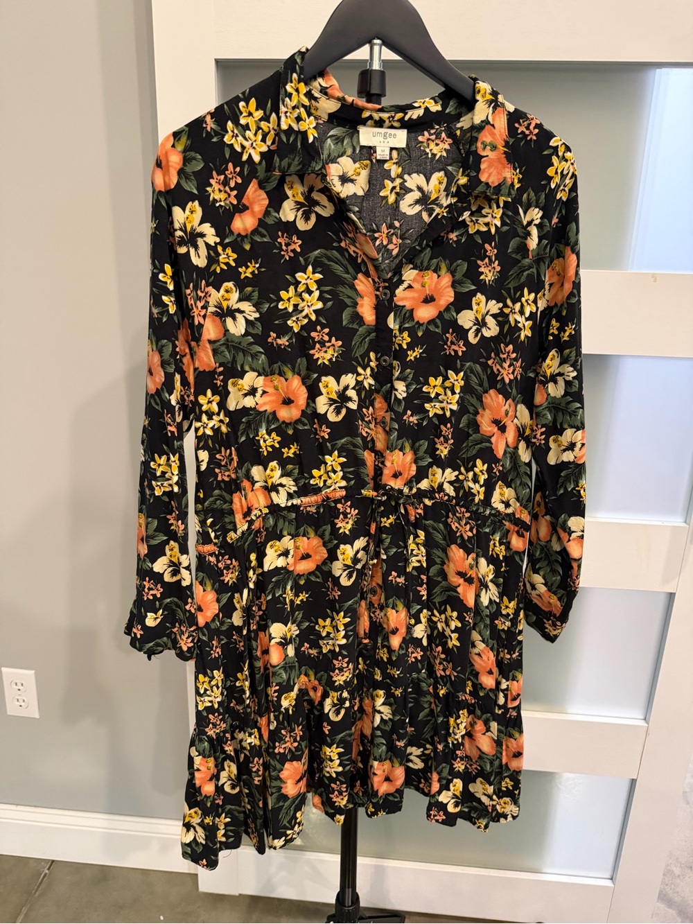 Umgee Black Floral Long-Sleeve Mini Dress with Tie Waist